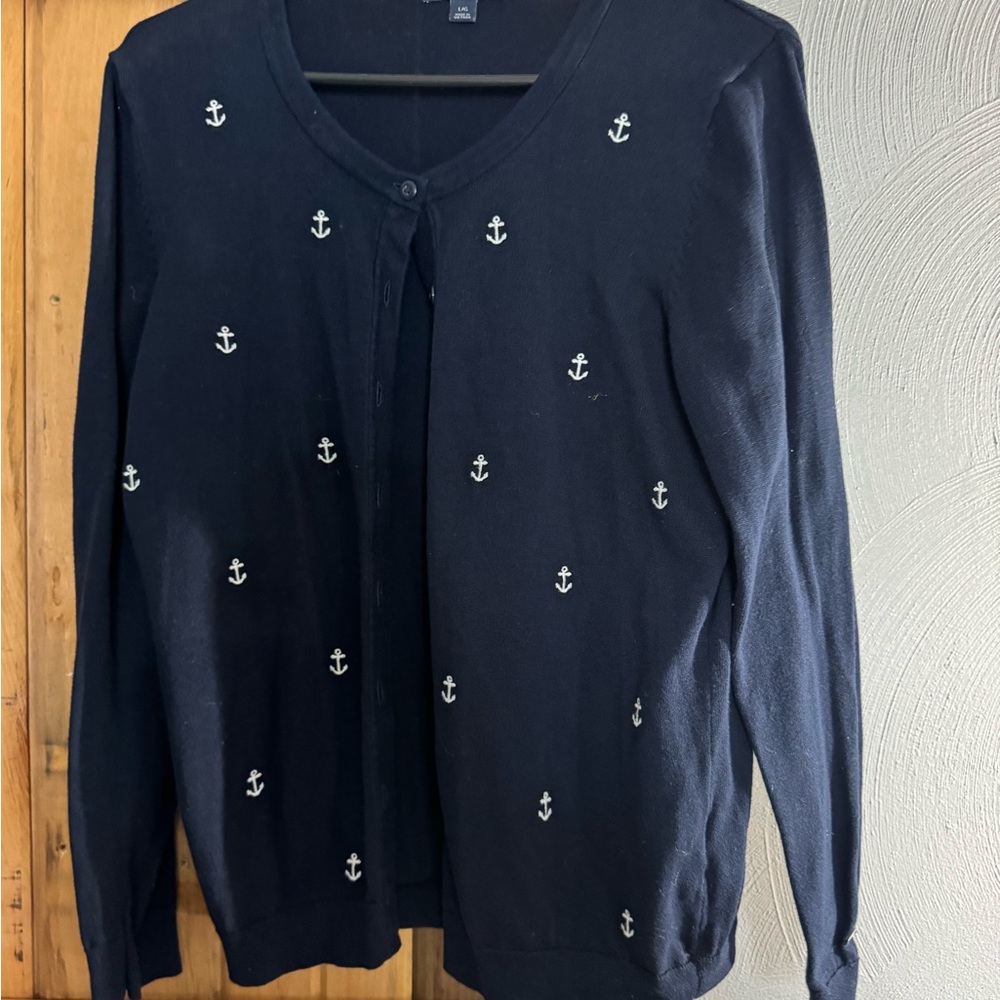 Tommy Hilfiger Navy Anchor Embroidered Cardigan Sweater | Size L